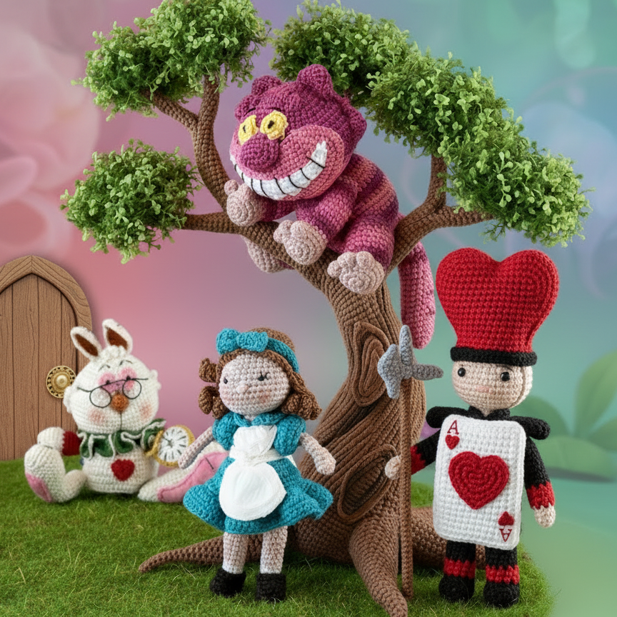 Trio « On est tous fous ici » – Alice, Lapin Blanc & Chat du Cheshire – Pièces uniques #112-113-115