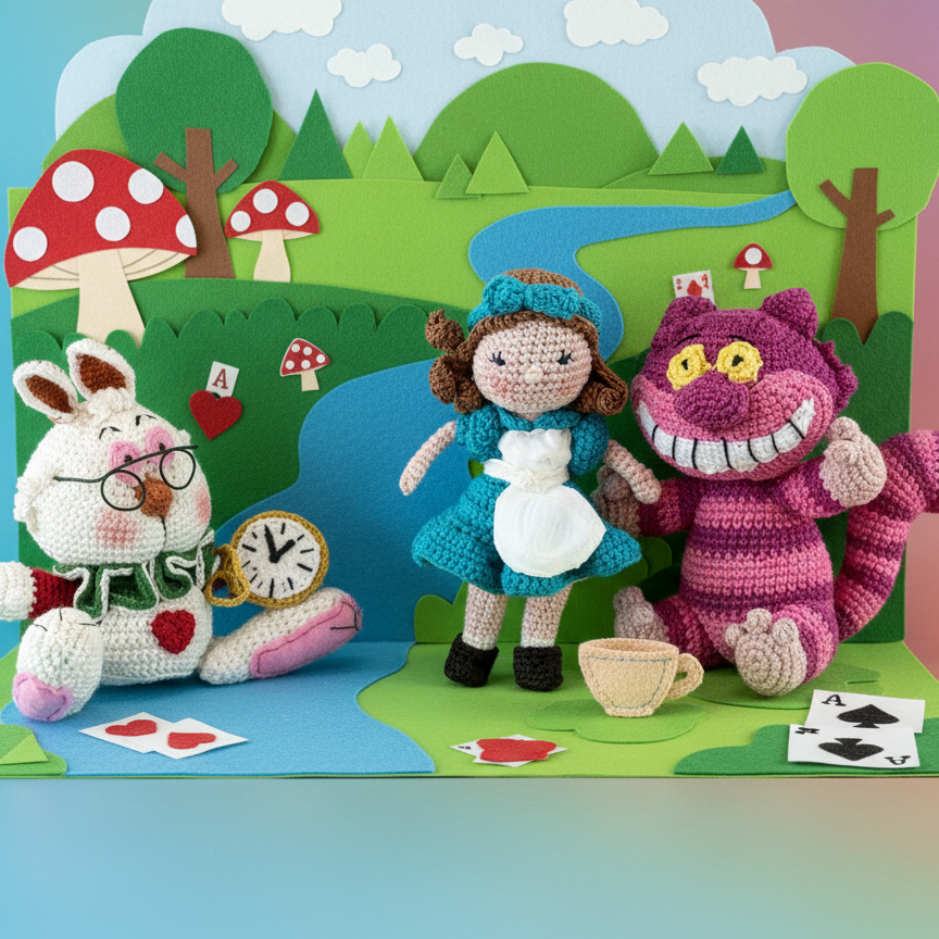 Trio « On est tous fous ici » – Alice, Lapin Blanc & Chat du Cheshire – Pièces uniques #112-113-115